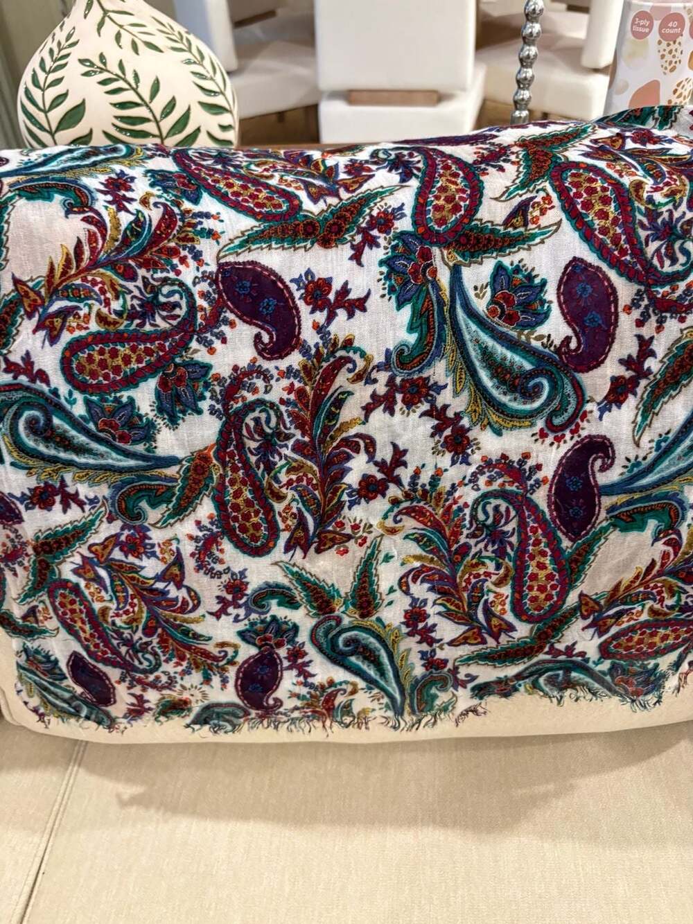 Vintage Paisley Scarf with Fringe White Teal Cranberry
